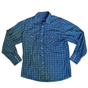 Vintage Wrangler Long-Sleeve Western Shirt Pearl Snap Plaid Green Men's Large